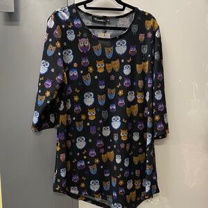 Black Scoop Neck Tunic with Purple & Gold Owl Print